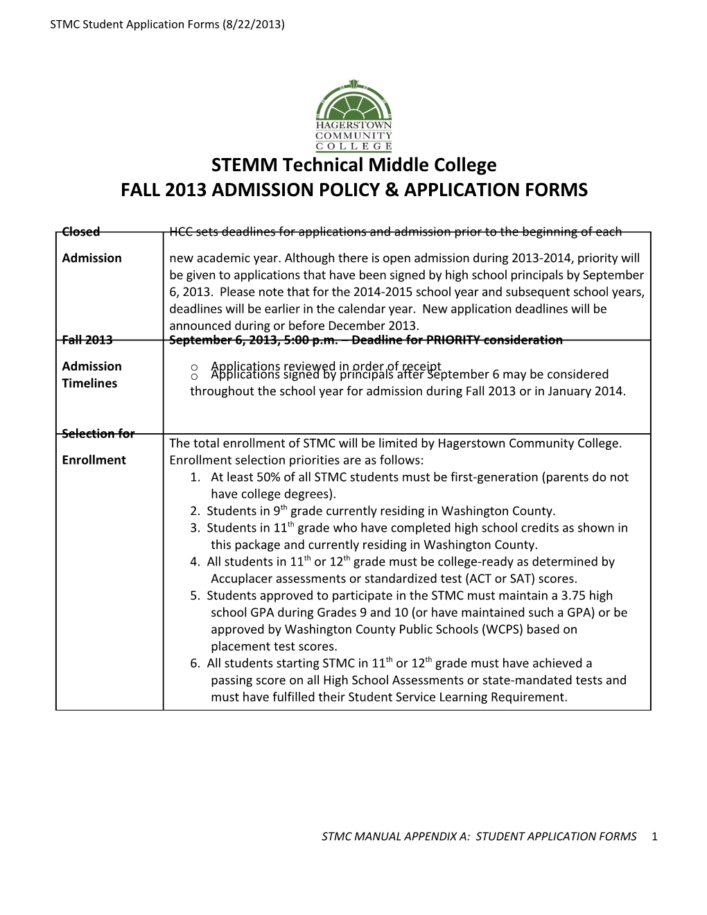 STMC Student Application Forms (8/22/2013)