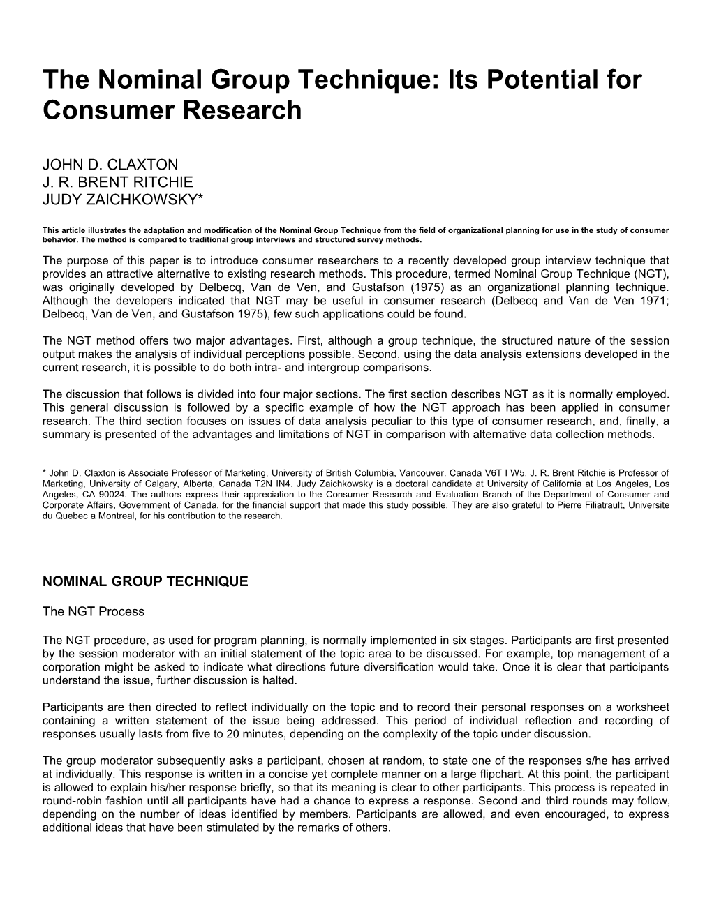 The Nominal Group Technique: Its Potential for Consumer Research