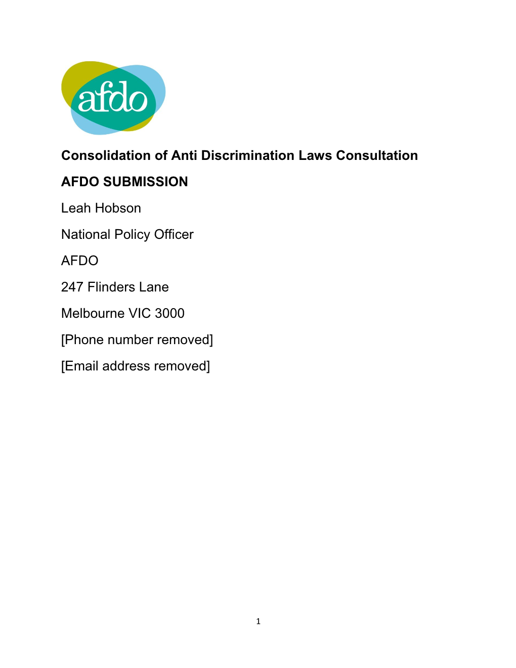 Submission on the Consolidation of Commonwealth Anti-Discrimination Laws - Aus Federation
