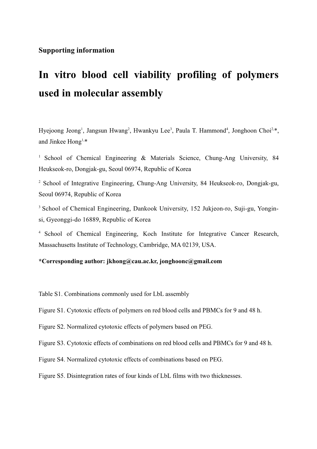 In Vitro Blood Cell Viability Profiling of Polymers Used in Molecular Assembly