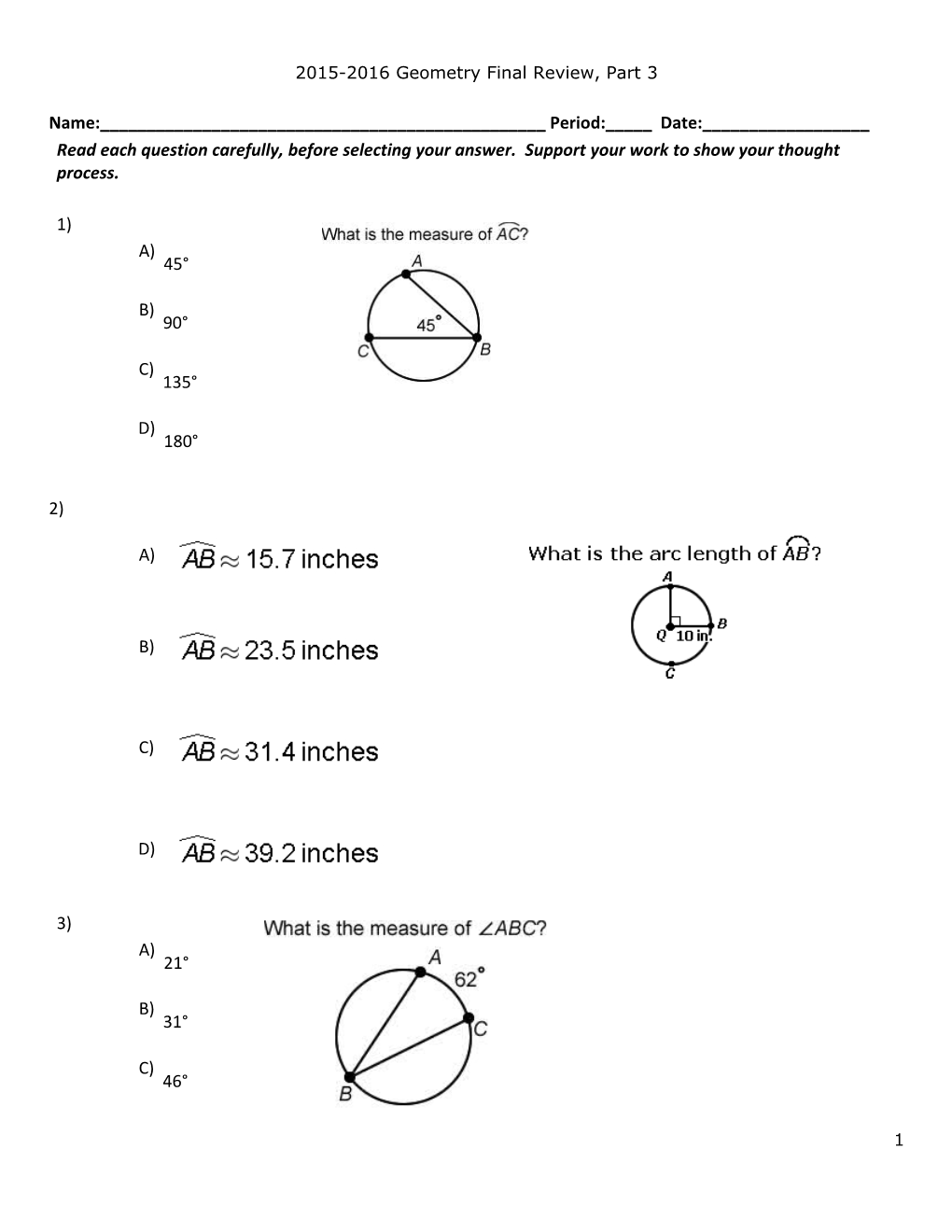 2015-2016 Geometry Final Review, Part 3