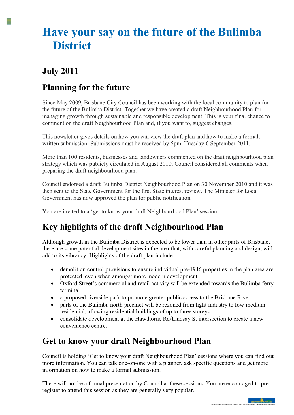 Have Your Say on the Future of the Bulimba District