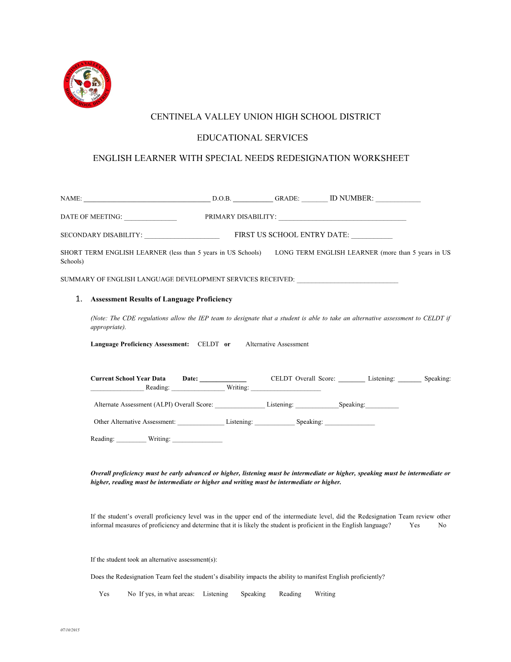 English Learner with Special Needs Redesignation Worksheet