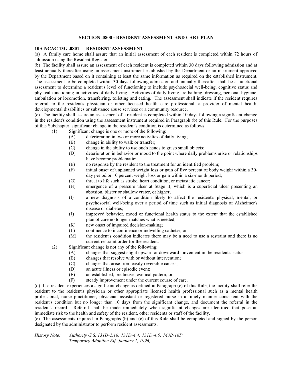 Section .0800 - RESIDENT ASSESSMENT and CARE Plan