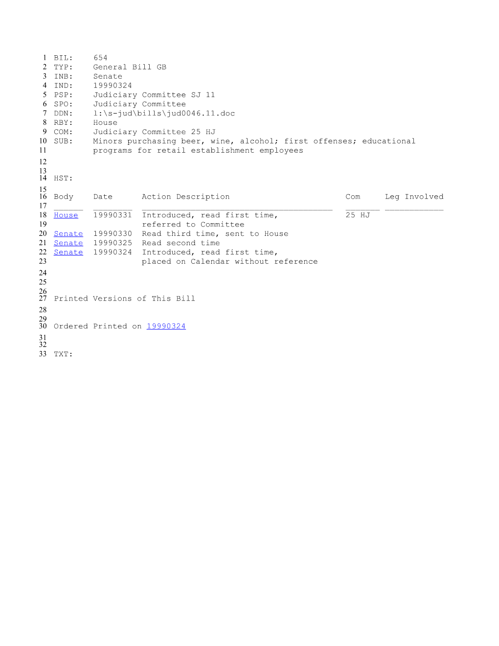 1999-2000 Bill 654: Minors Purchasing Beer, Wine, Alcohol; First Offenses; Educational