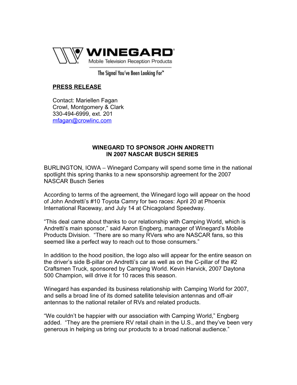 Winegard to Sponsor John Andretti in 2007 Nascar Busch Series