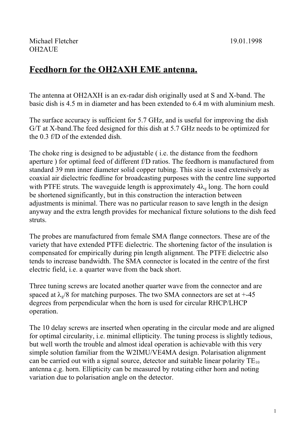 Feedhorn for the OH2AXH EME Antenna