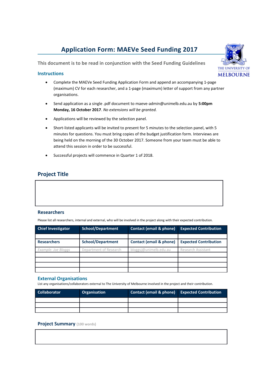 Application Form: Maeve Seed Funding 2017