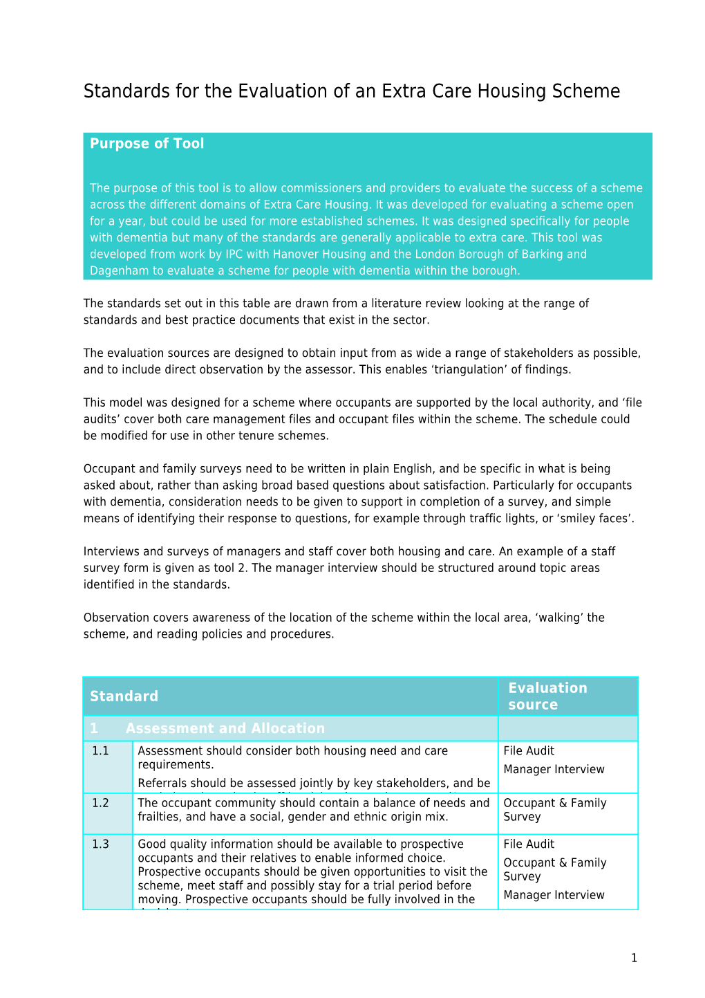 Standards for the Evaluation of an Extra Care Housing Scheme