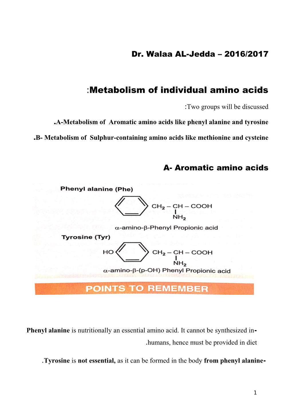 A-Metabolism of Aromatic Amino Acids Like Phenyl Alanine and Tyrosine