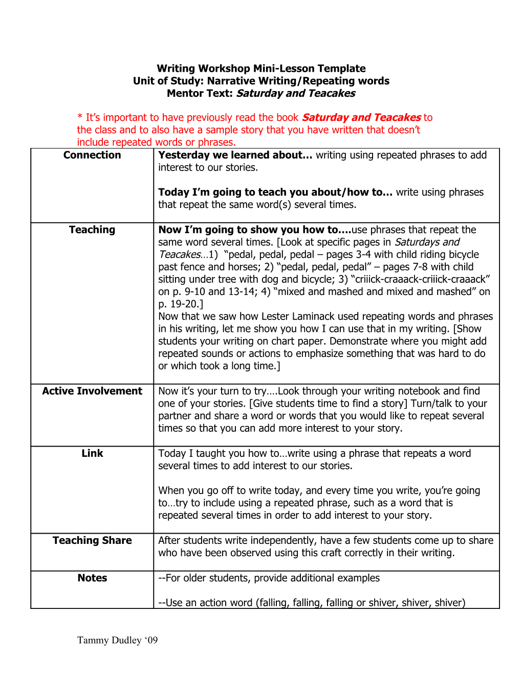 Writing Workshop Mini-Lesson Template