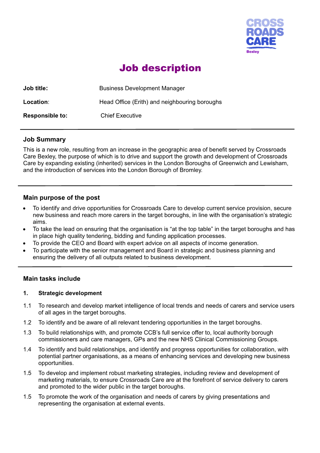 Crossroads Care Bexley Job Description