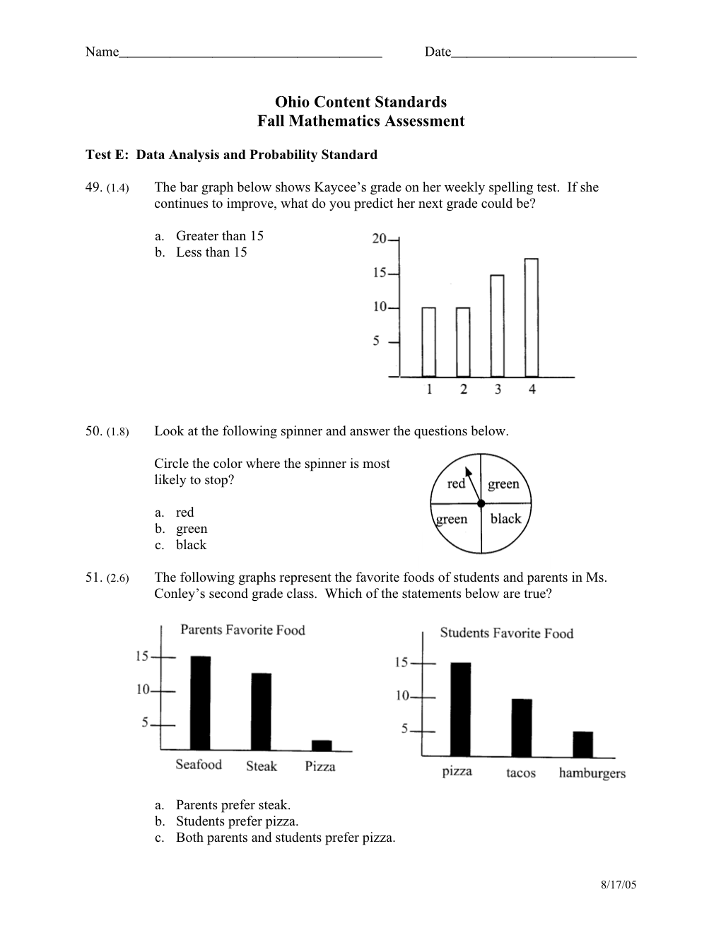 Test E: Data Analysis and Probability Standard