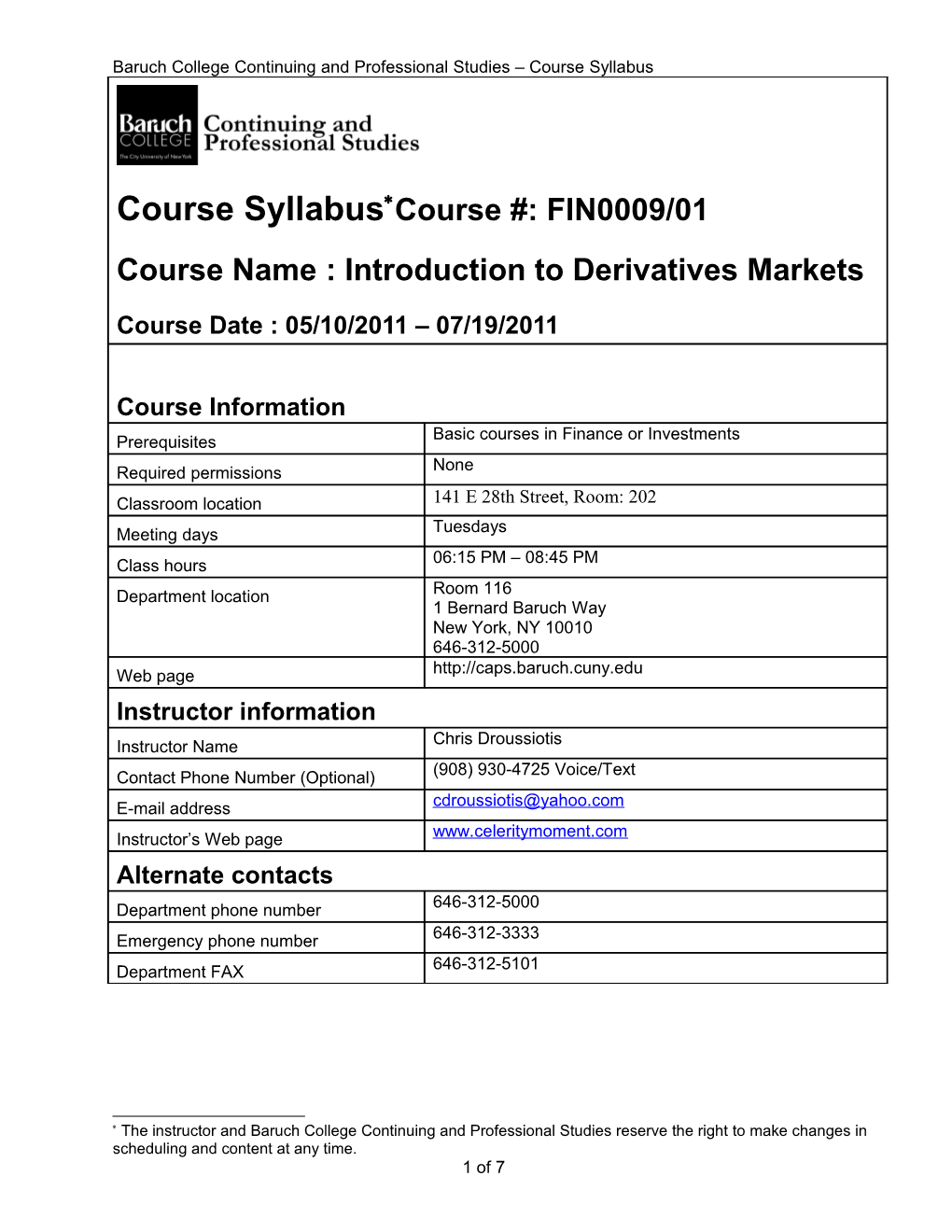Baruchcollege Continuing and Professional Studies Course Syllabus