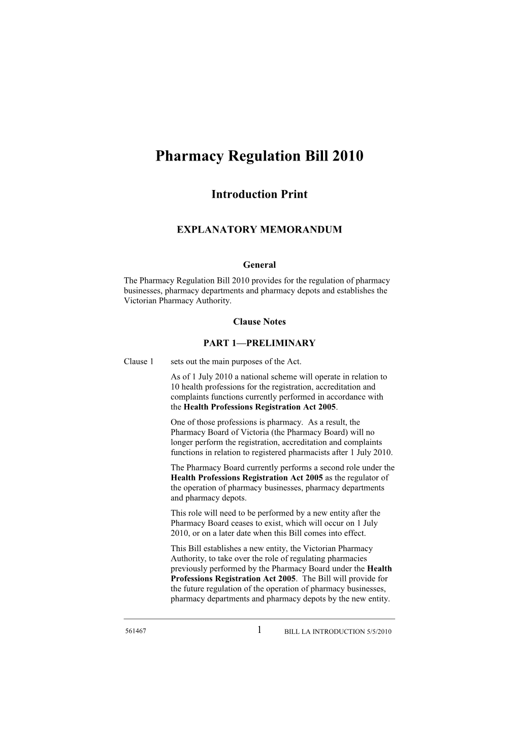 Pharmacy Regulation Bill 2010