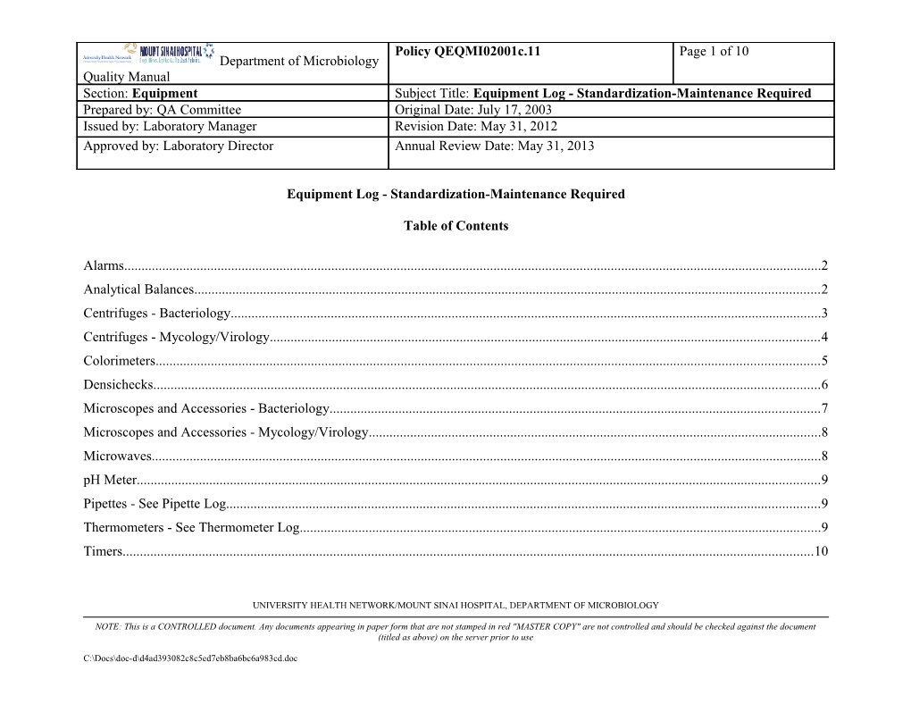 Subject Title: Equipment Log - Standardization-Maintenance Required