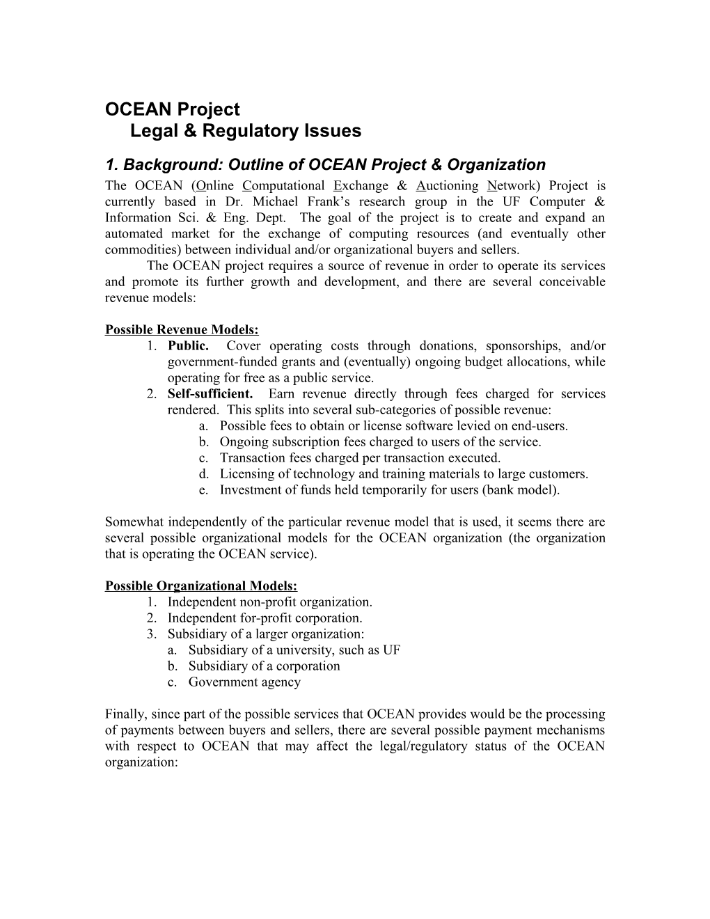 OCEAN Projectlegal & Regulatory Issues