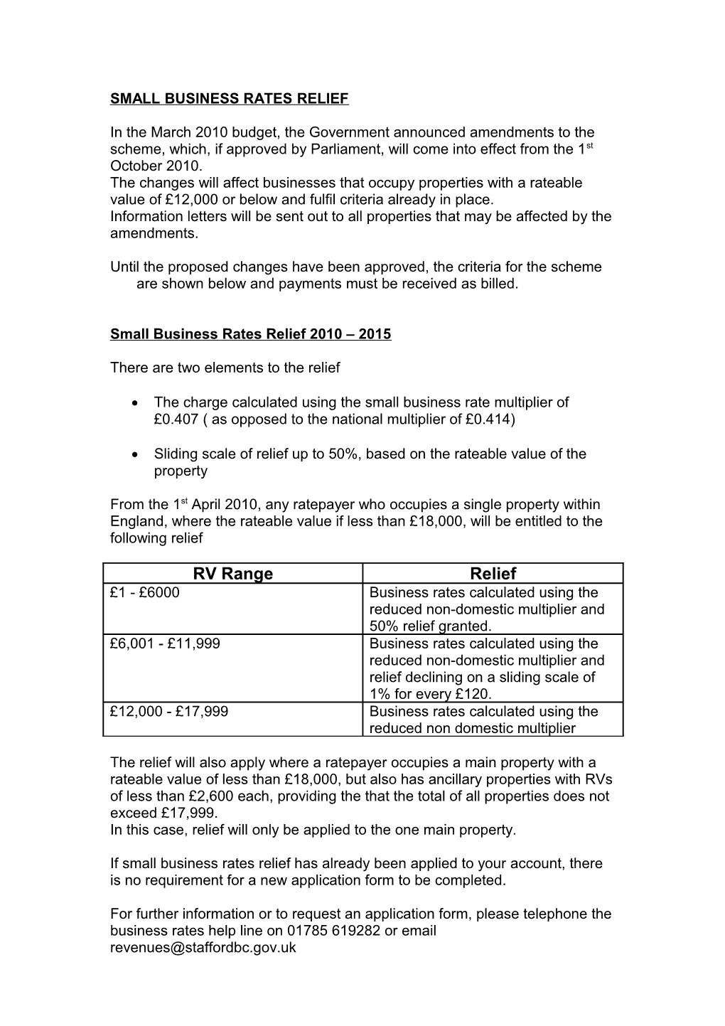 Small Business Rates Relief 2010 2015