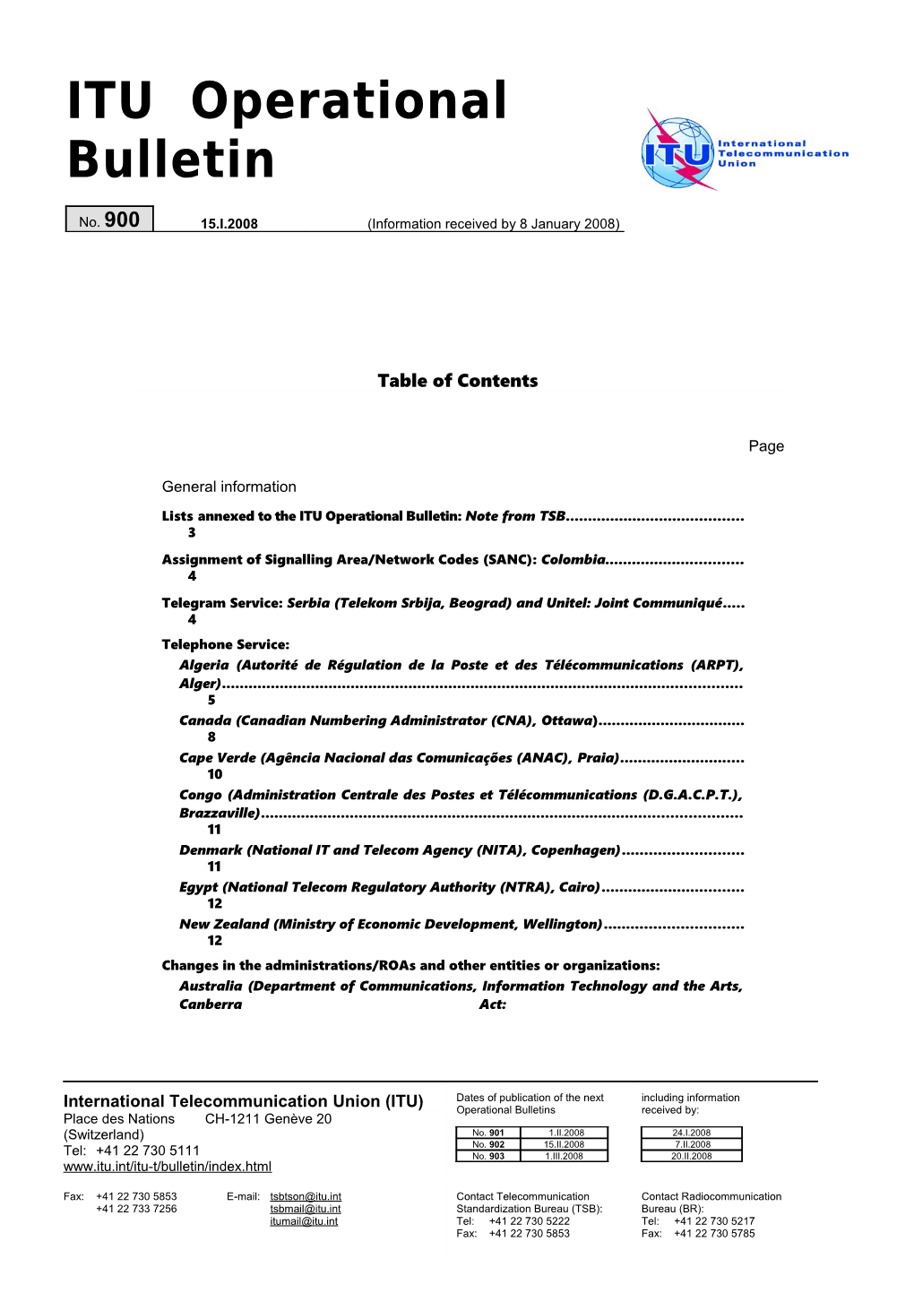 ITU Operational Bulletin No.900 of 15.I.2008