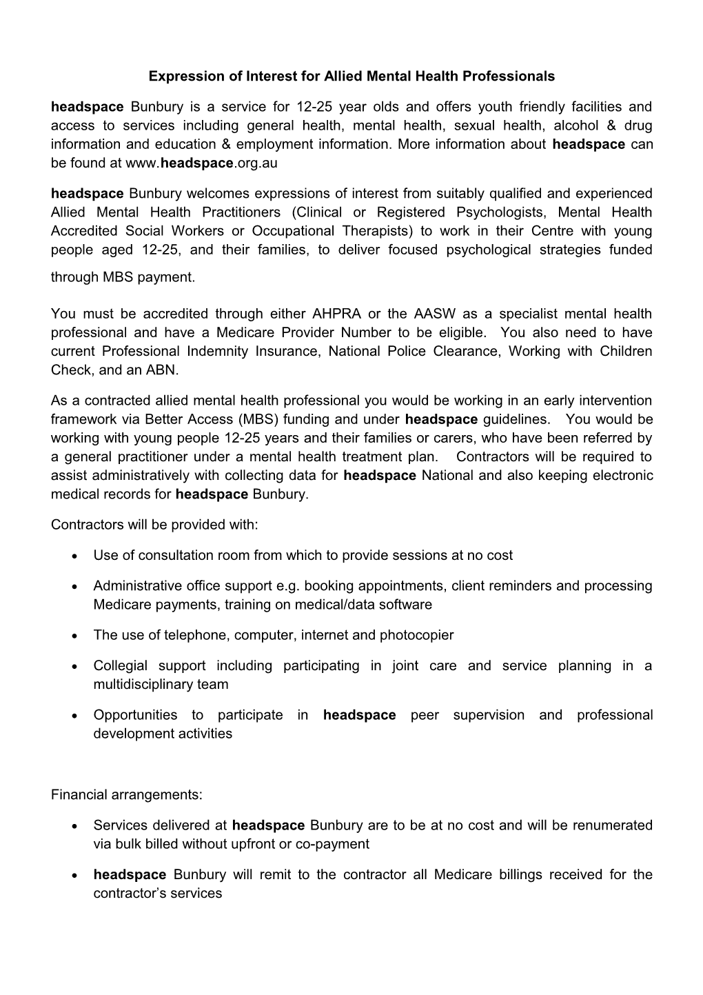 Expression of Interest for Allied Mental Health Professionals