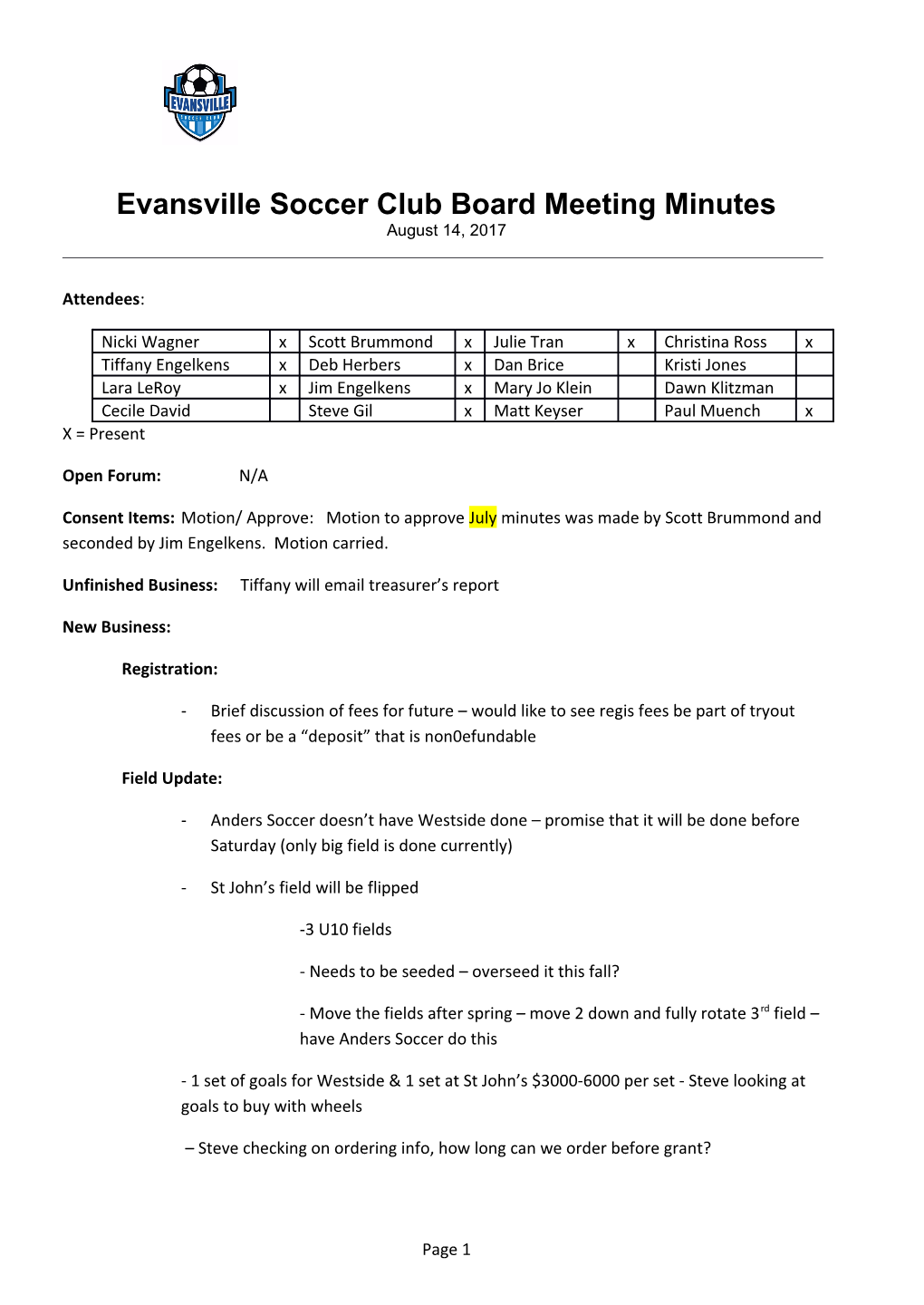 Evansville Soccer Club Board Meetingminutes
