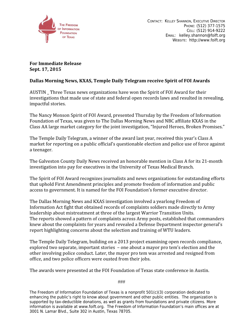 Dallas Morning News, KXAS, Temple Daily Telegram Receive Spirit of FOI Awards