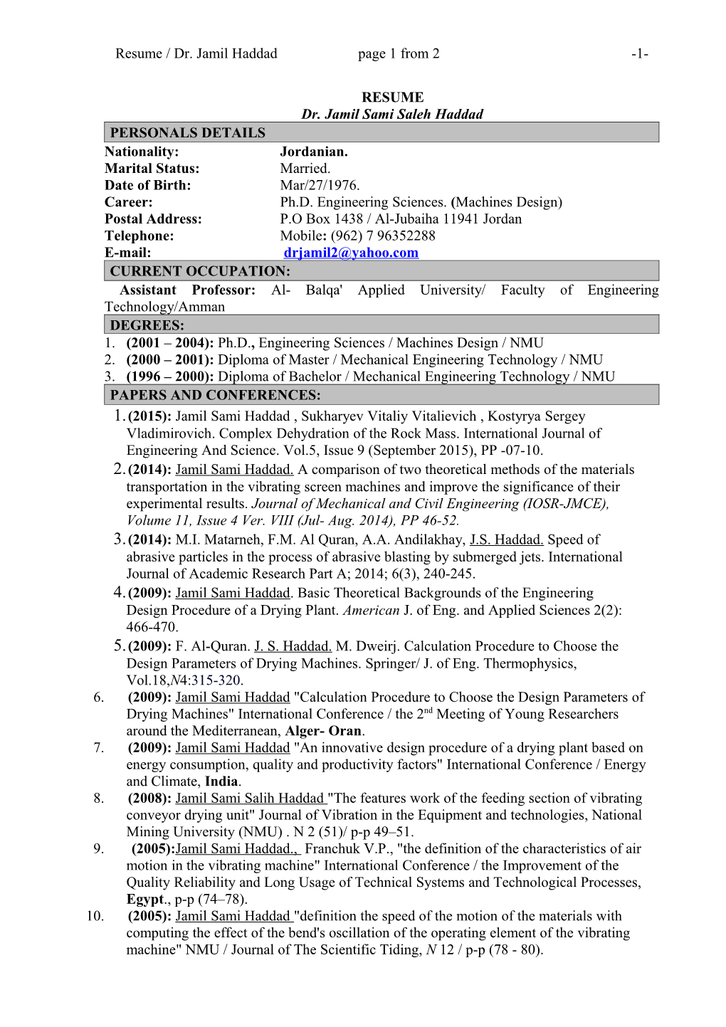 Resume / Dr. Jamil Haddad Page 1 from 2-1