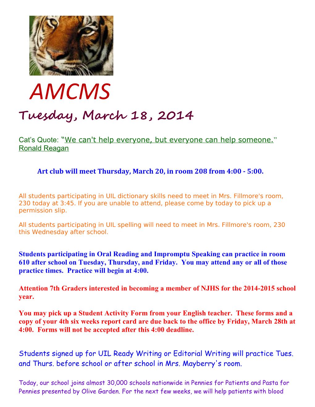 Art Club Will Meet Thursday, March 20, in Room 208 from 4:00 - 5:00