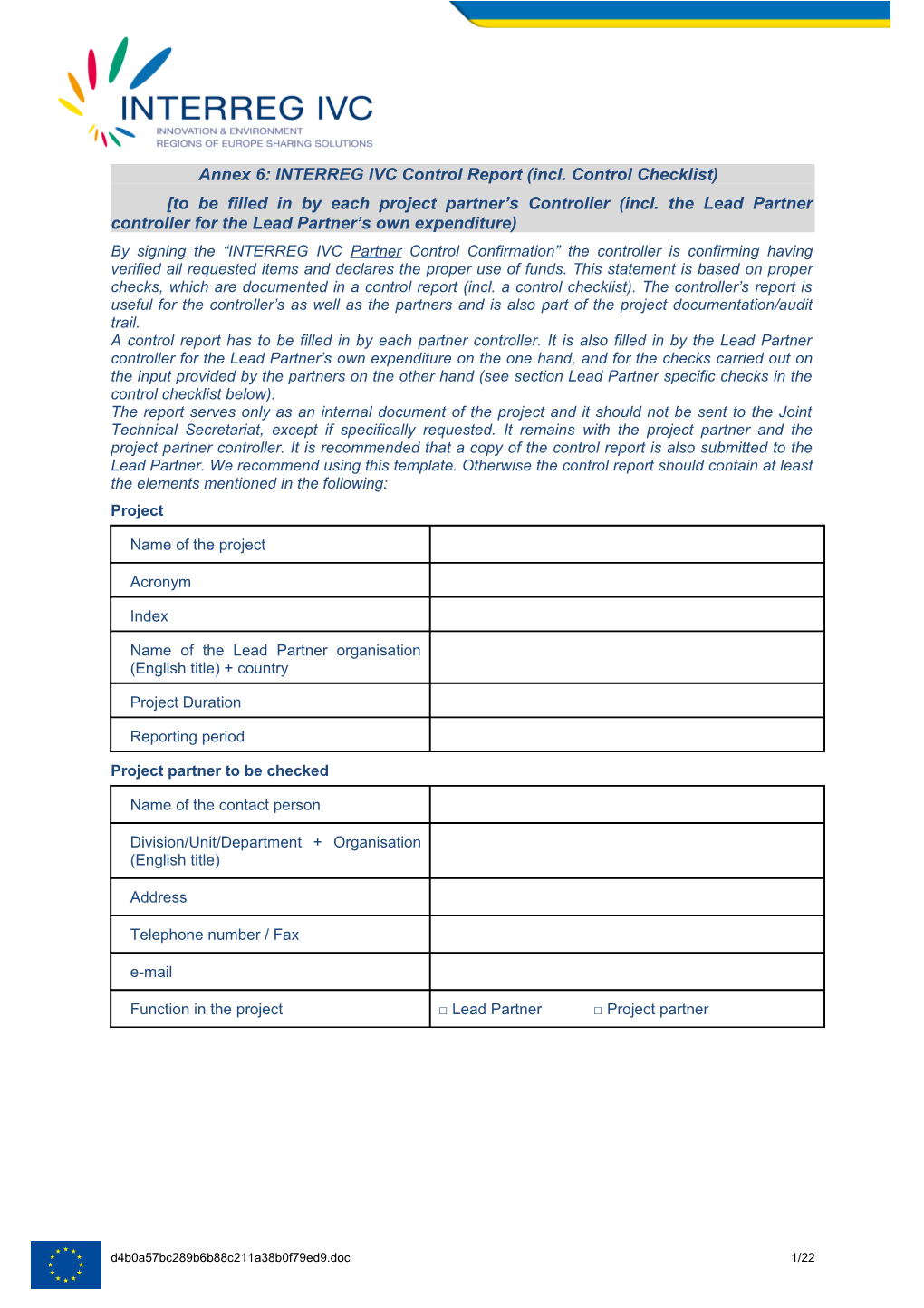 Annex 6: INTERREG IVC Control Report (Incl. Control Checklist)
