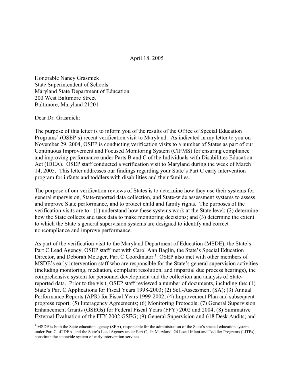 Maryland Part C Verification Visit Letter, Dated April 18, 2005 (Msword)