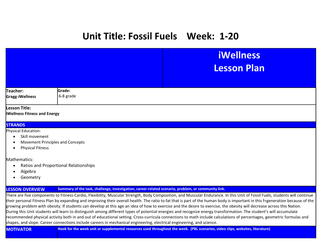Unit Title:Fossil Fuels Week: 1-20
