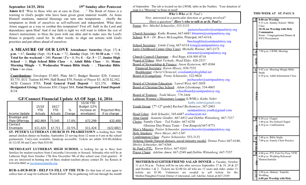 September 24/25, 2016 19Thsunday After Pentecost