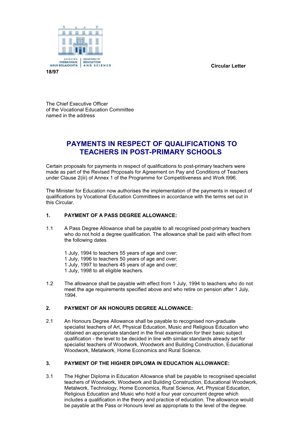 Circular 18/97 - Payments in Respect of Qualifications to Teachers in Post-Primary Schools