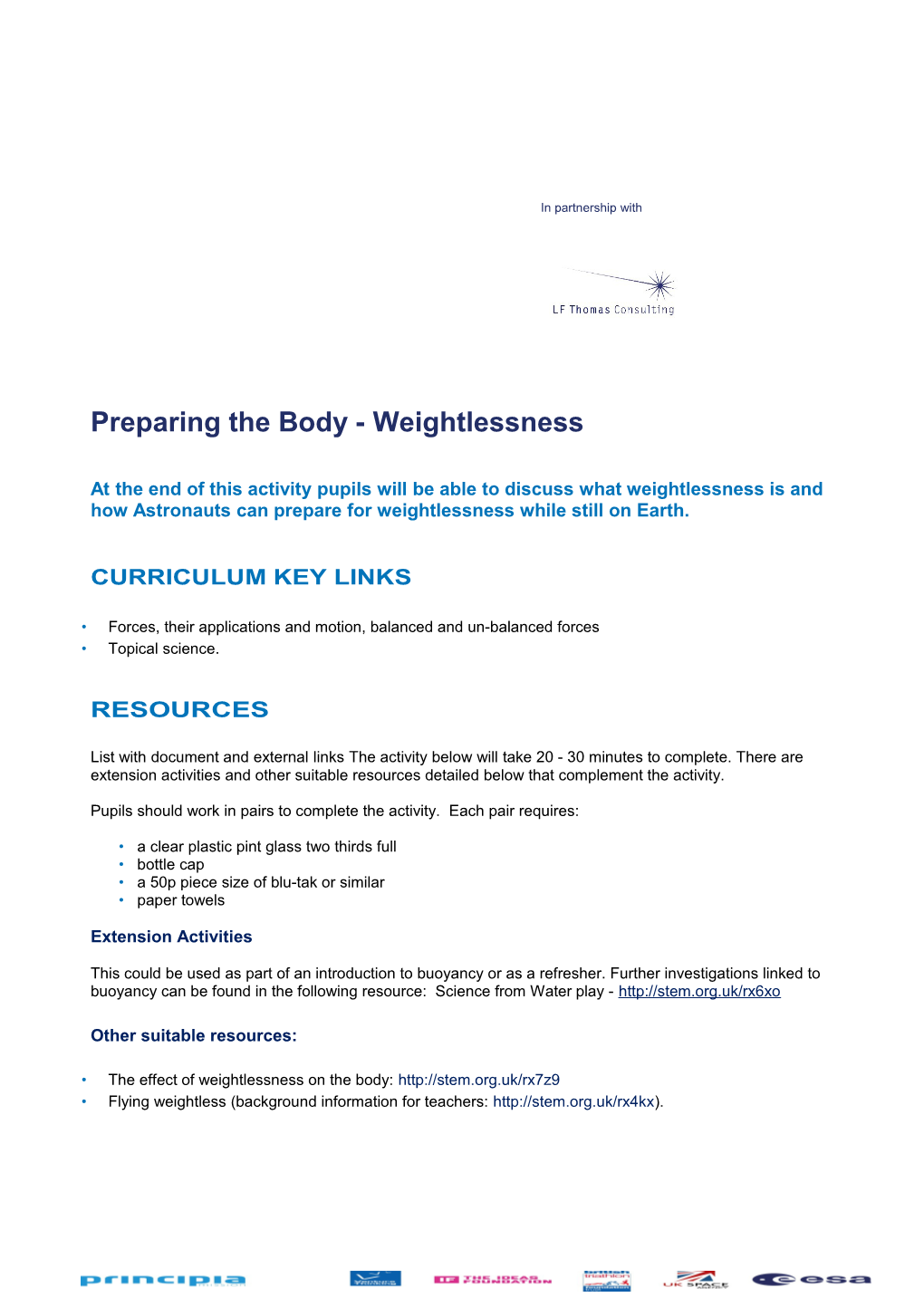 Preparing the Body - Weightlessness
