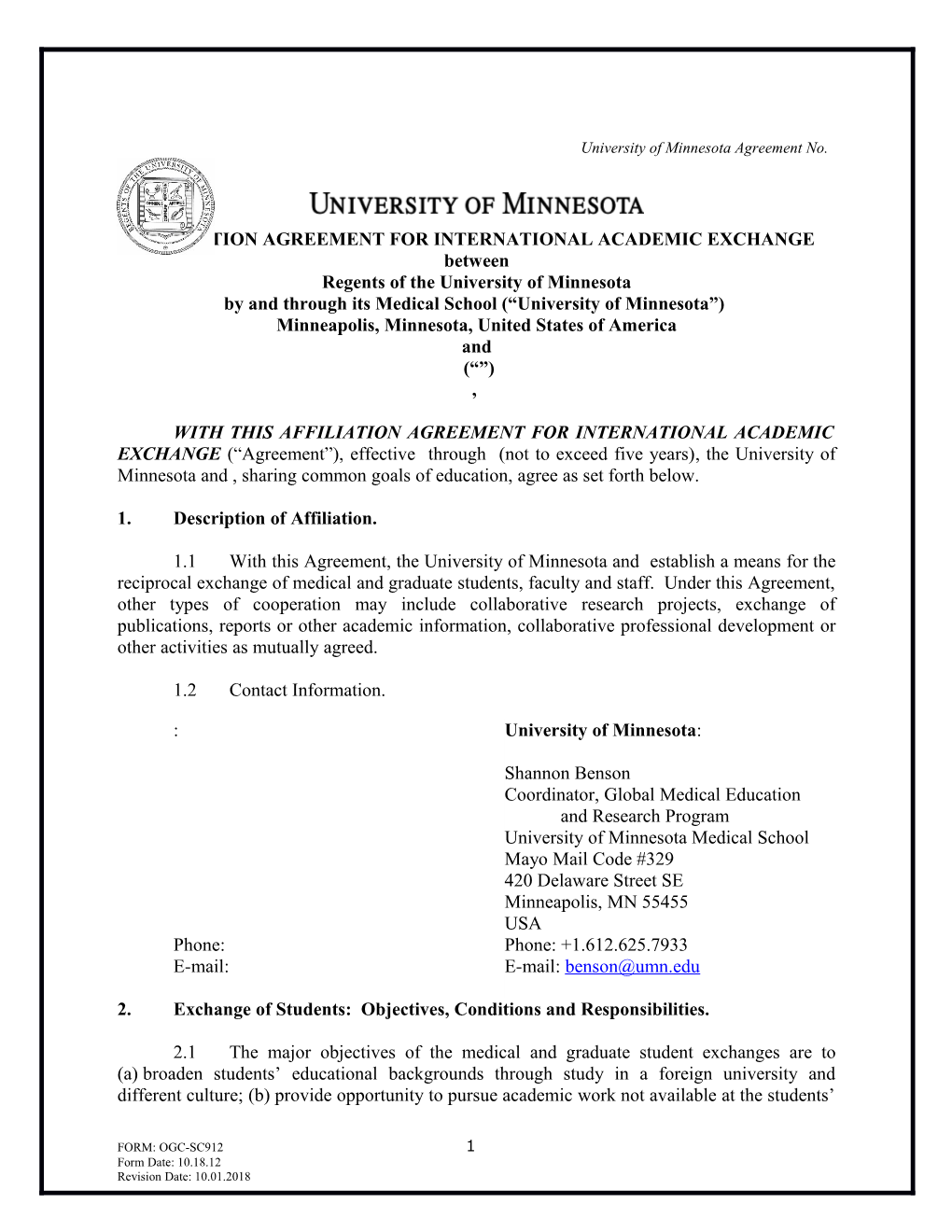 Affiliation Agreement Forinternational Academic Exchange