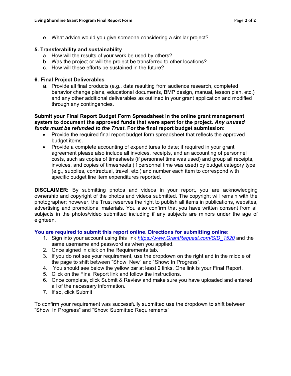 Living Shoreline Grant Program Final Report Form Page 1 of 2