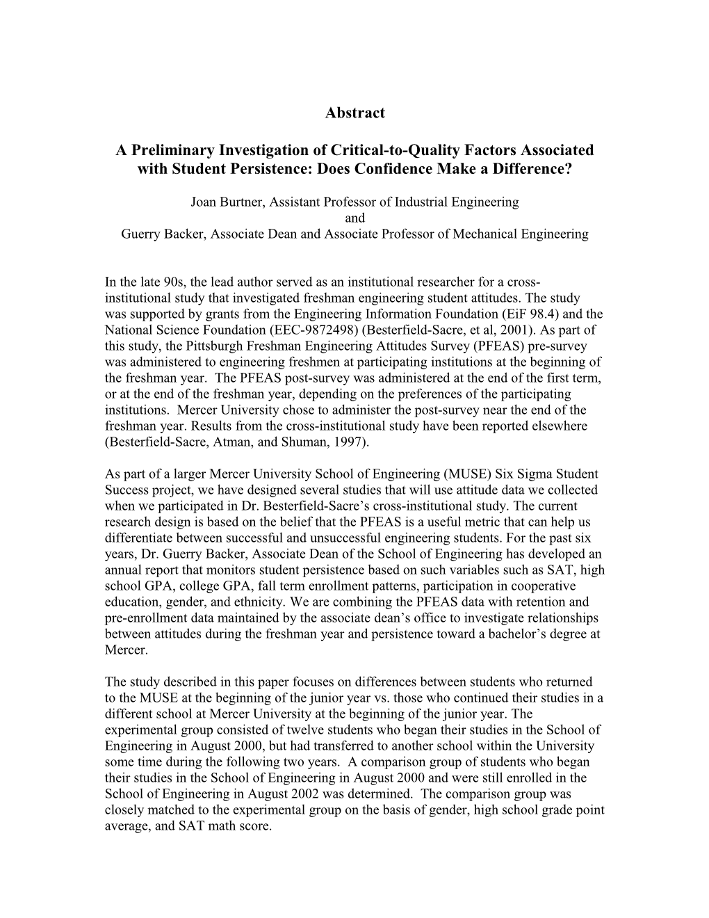 A Preliminary Investigation of Critical-To-Quality Factors Associated with Student Persistence