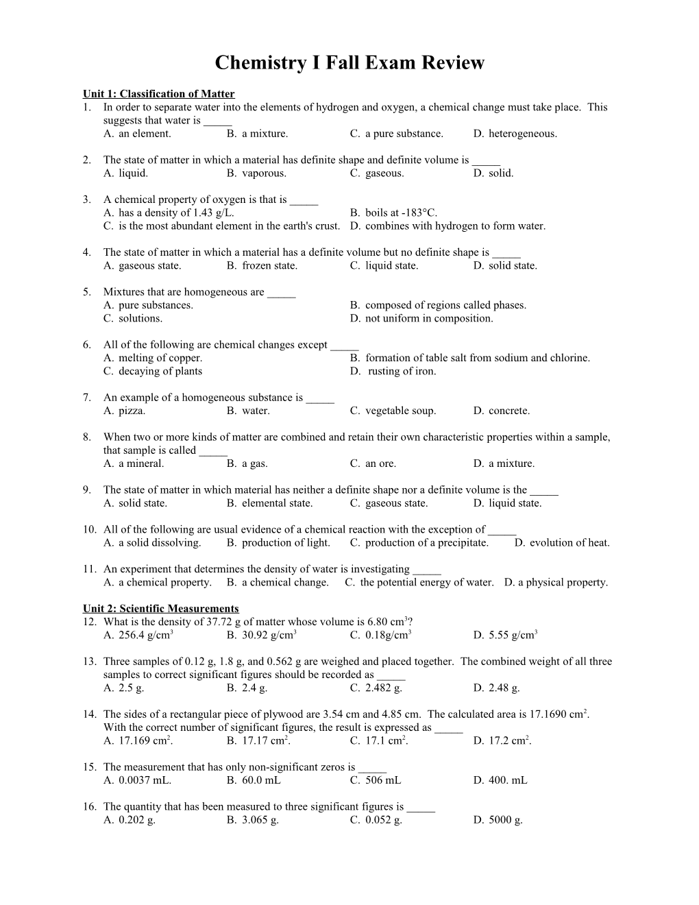 Chemistry I Fall Exam Review