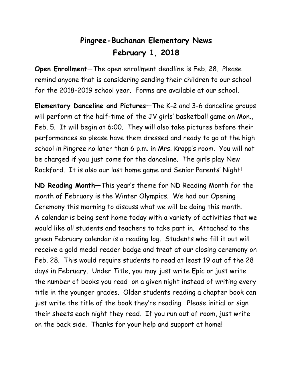 Pingree-Buchanan Elementary News February 1, 2018