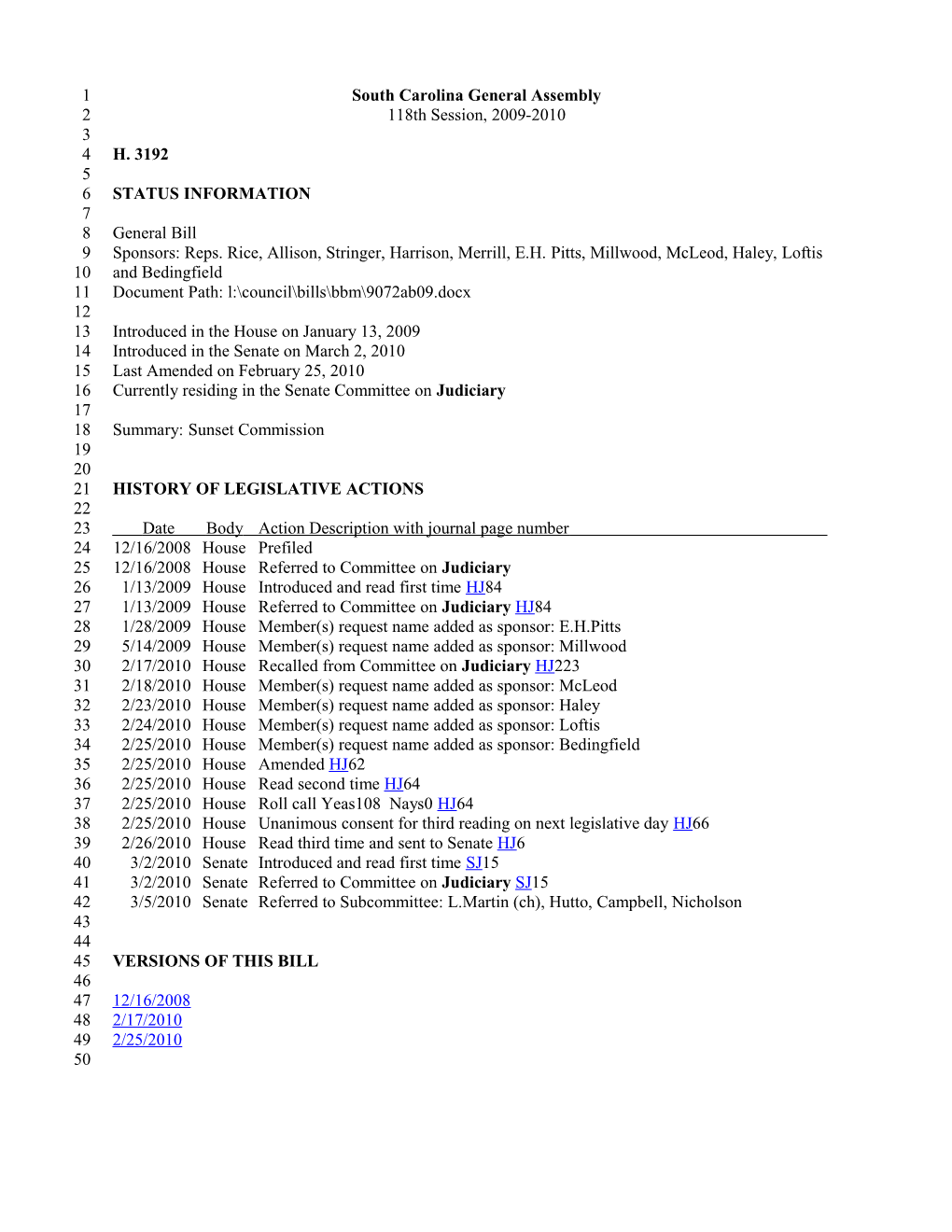 2009-2010 Bill 3192: Sunset Commission - South Carolina Legislature Online