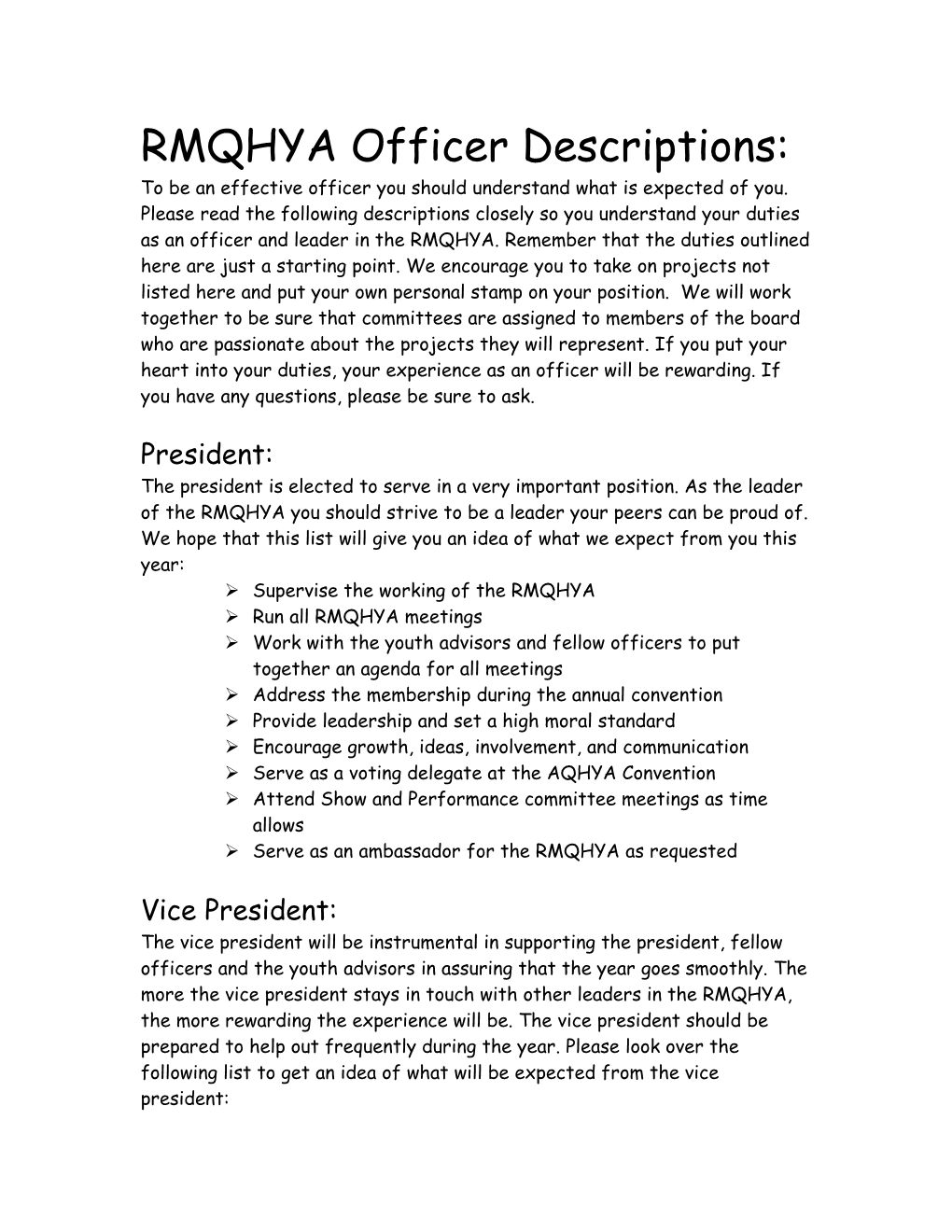 RMQHYA Officer Descriptions