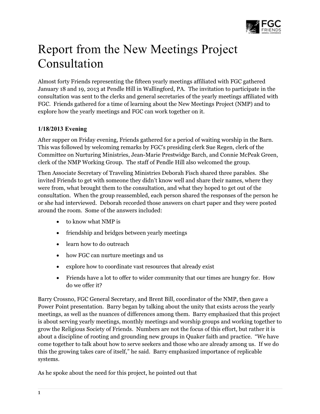 Report from the New Meetings Project Consultation