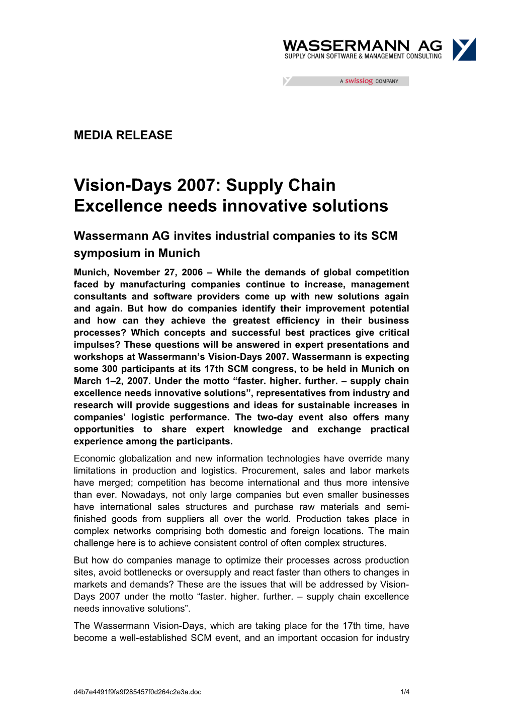 Vision-Days 2007: Supply Chain Excellence Needs Innovative Solutions