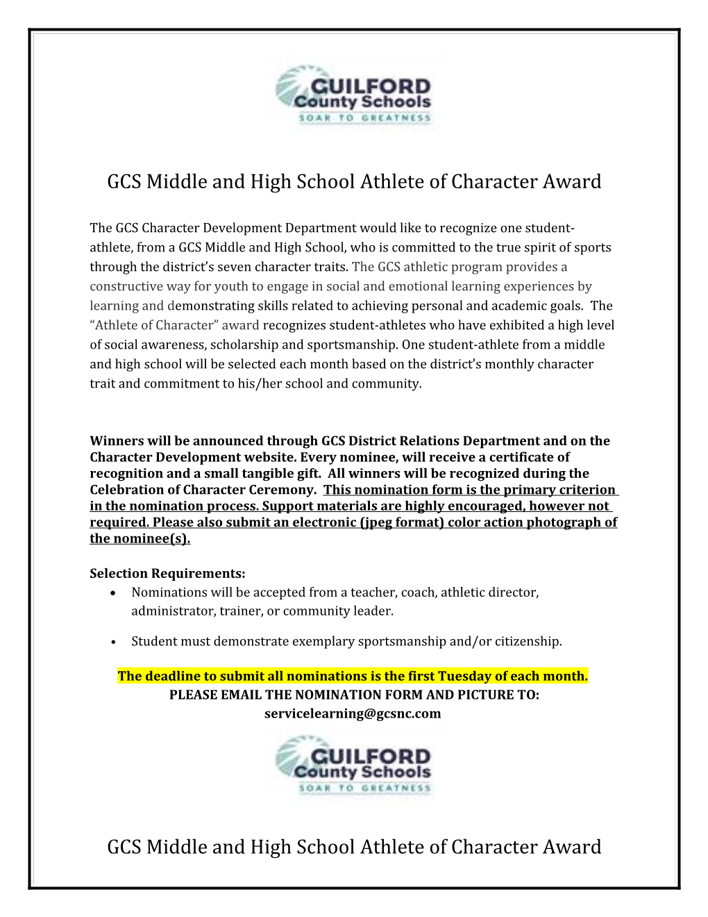 GCS Middle and High School Athlete of Character Award