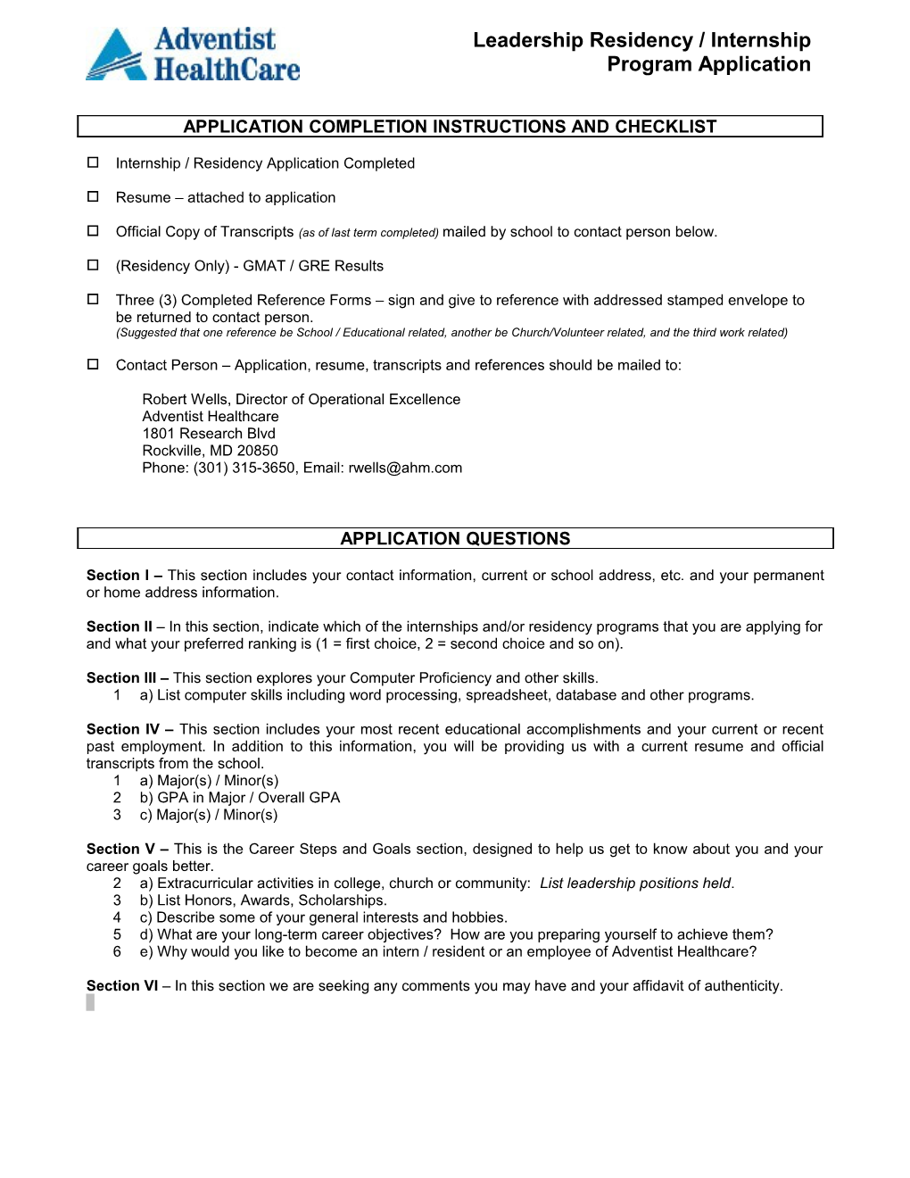 Adventist Health Care Leadership Residency / Internship Program Application
