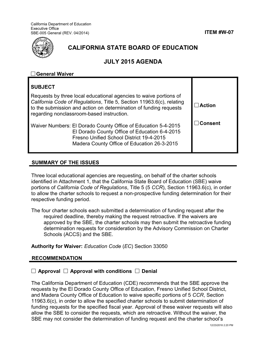 July 2015 Waiver Item W-07 - Meeting Agendas (CA State Board of Education)