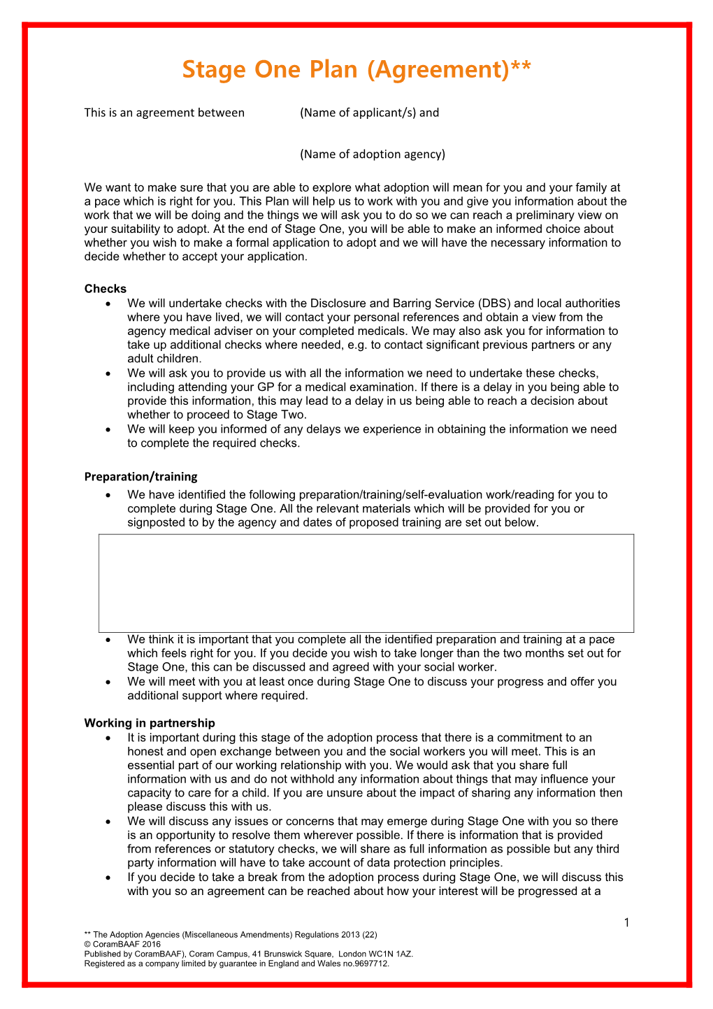 Stage One Agreement Form to Accompany PAR (England) January 2016