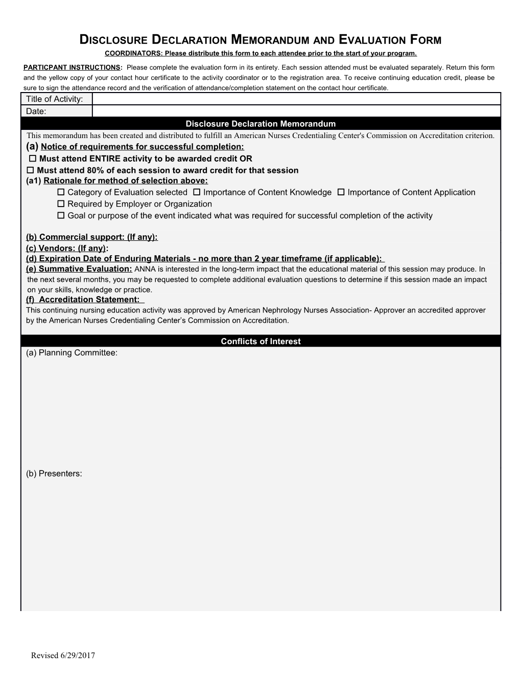 Disclosure Declaration Memorandum and Evaluation Form
