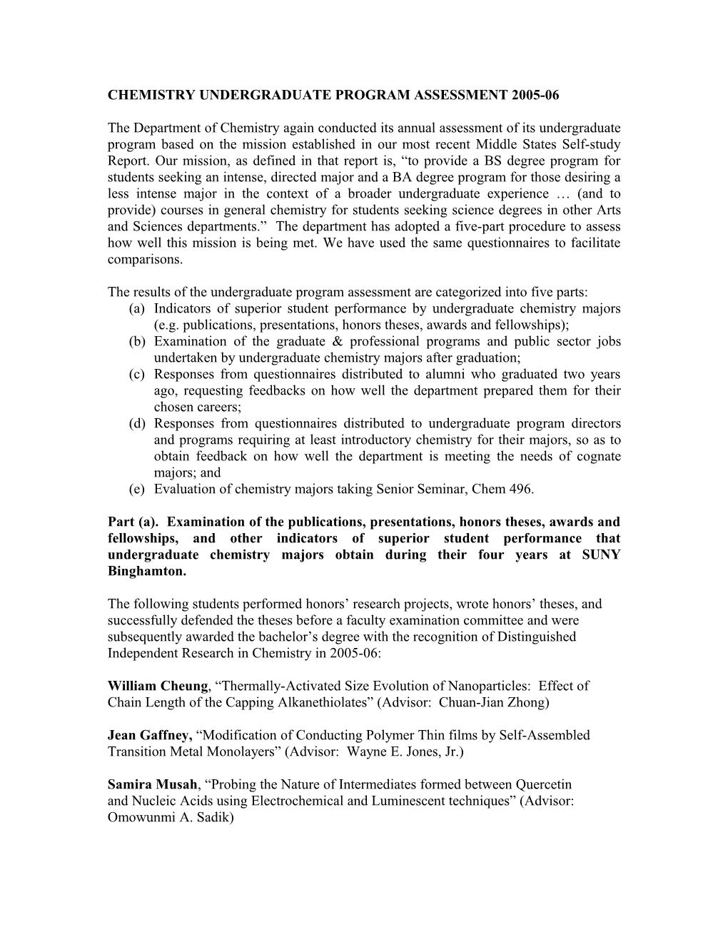 Chemistry Undergraduate Program Assessment 2005-06