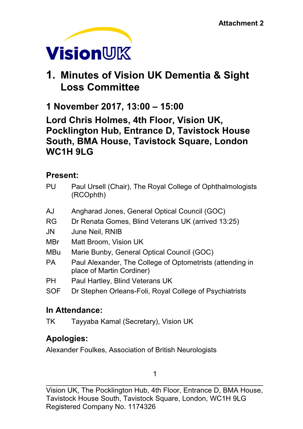 Minutes of Vision UK Dementia & Sight Loss Committee